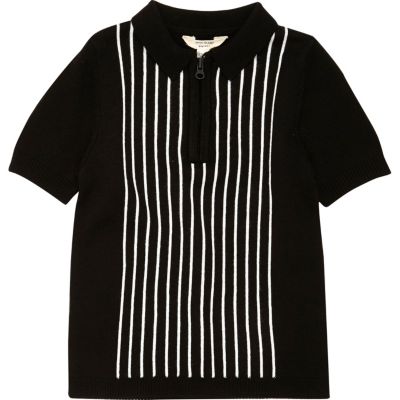 Boys black and white stripe knit polo shirt